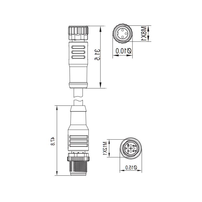 M8 3Pin female head straight to M12 3Pin male head straight, double-ended pre-set铸防焊渣PUR柔性电缆、橙色护套、63T201-XXX